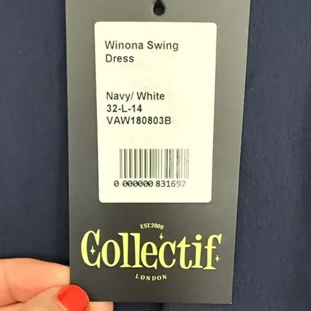 Collectif London Winona Swing Dress Navy White Collar Size L NWT - Picture 3 of 5